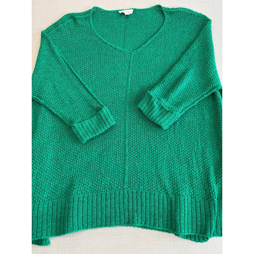 EE Some Women's Green Knitted 3/4 Sleeve V Neck Pullover Casual Sweater Sz M/L